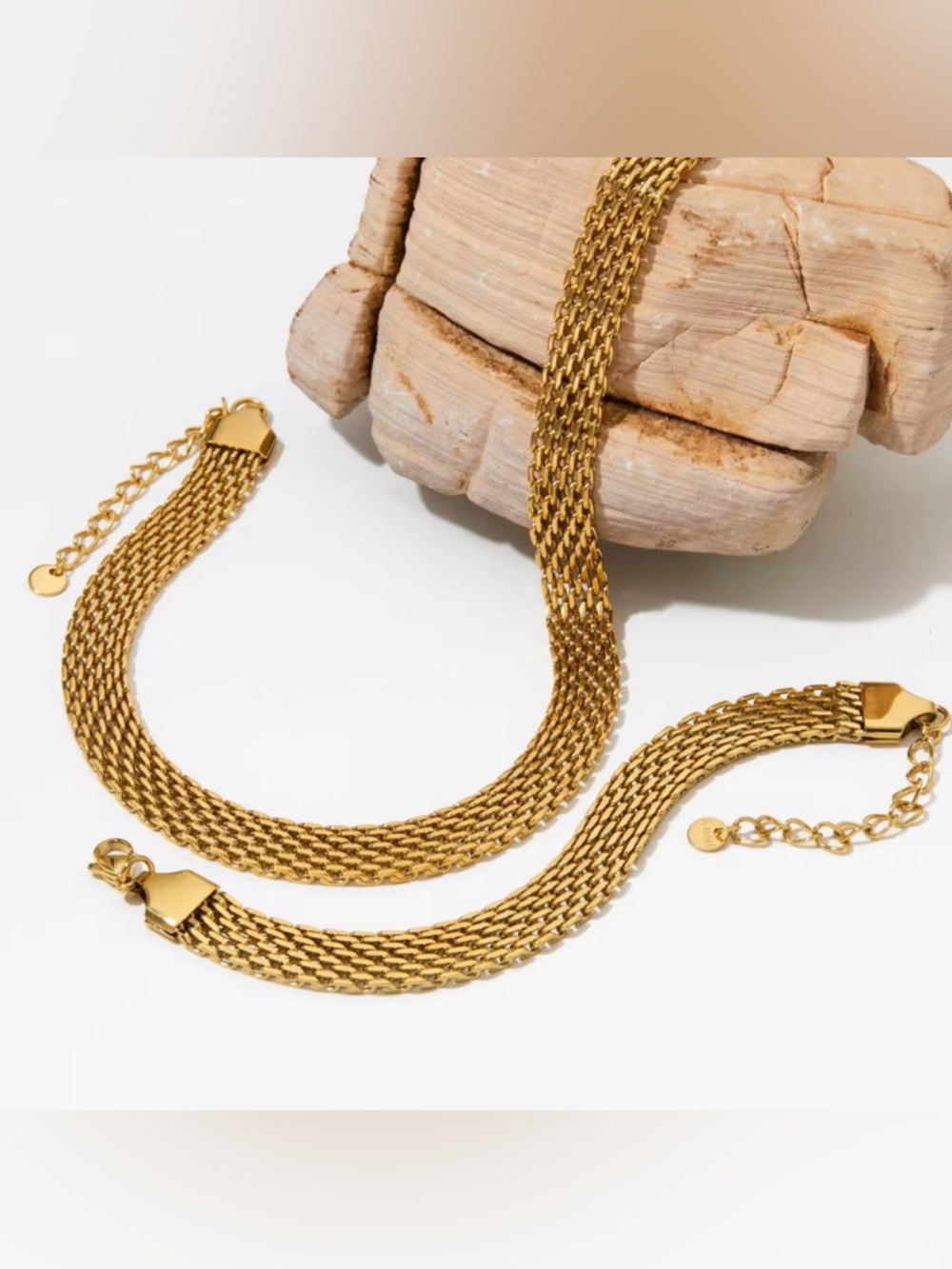 18K Gold Played Multi-Strand Mesh Necklace Bracelet Set